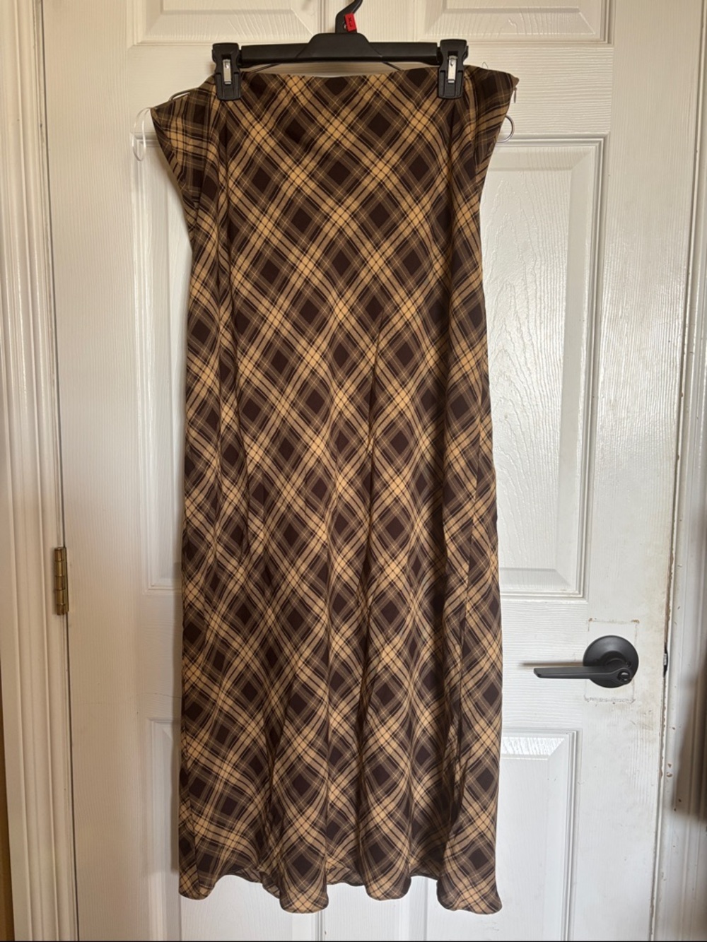 Princess Polly Brown & Tan Plaid Strapless Maxi Dress